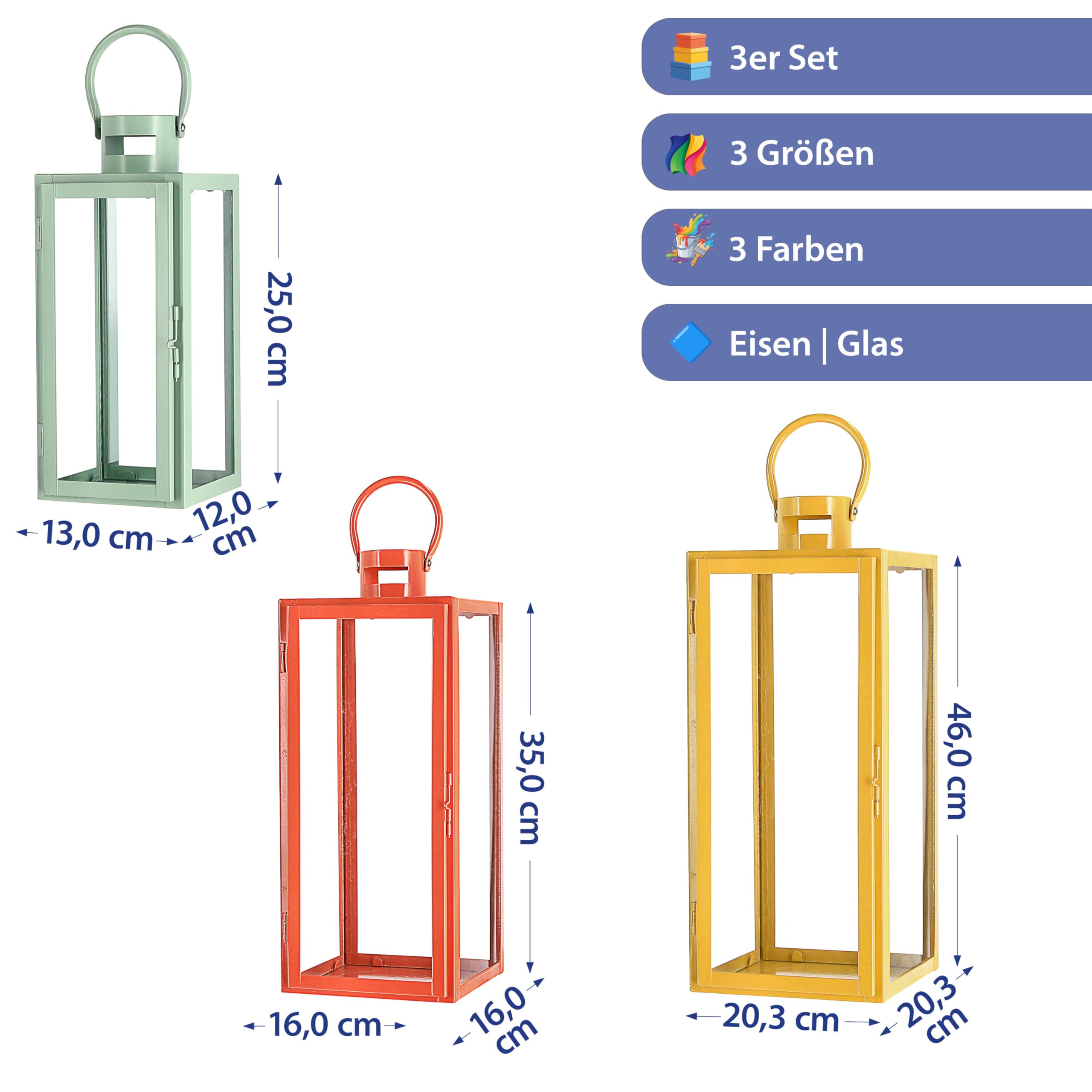 Laterne 3er Set | grün orange gelb 3 Größen Metall Glas | Windlicht mit Henkel für Kerzen oder LED Gartenlaterne | Kerzenhalter