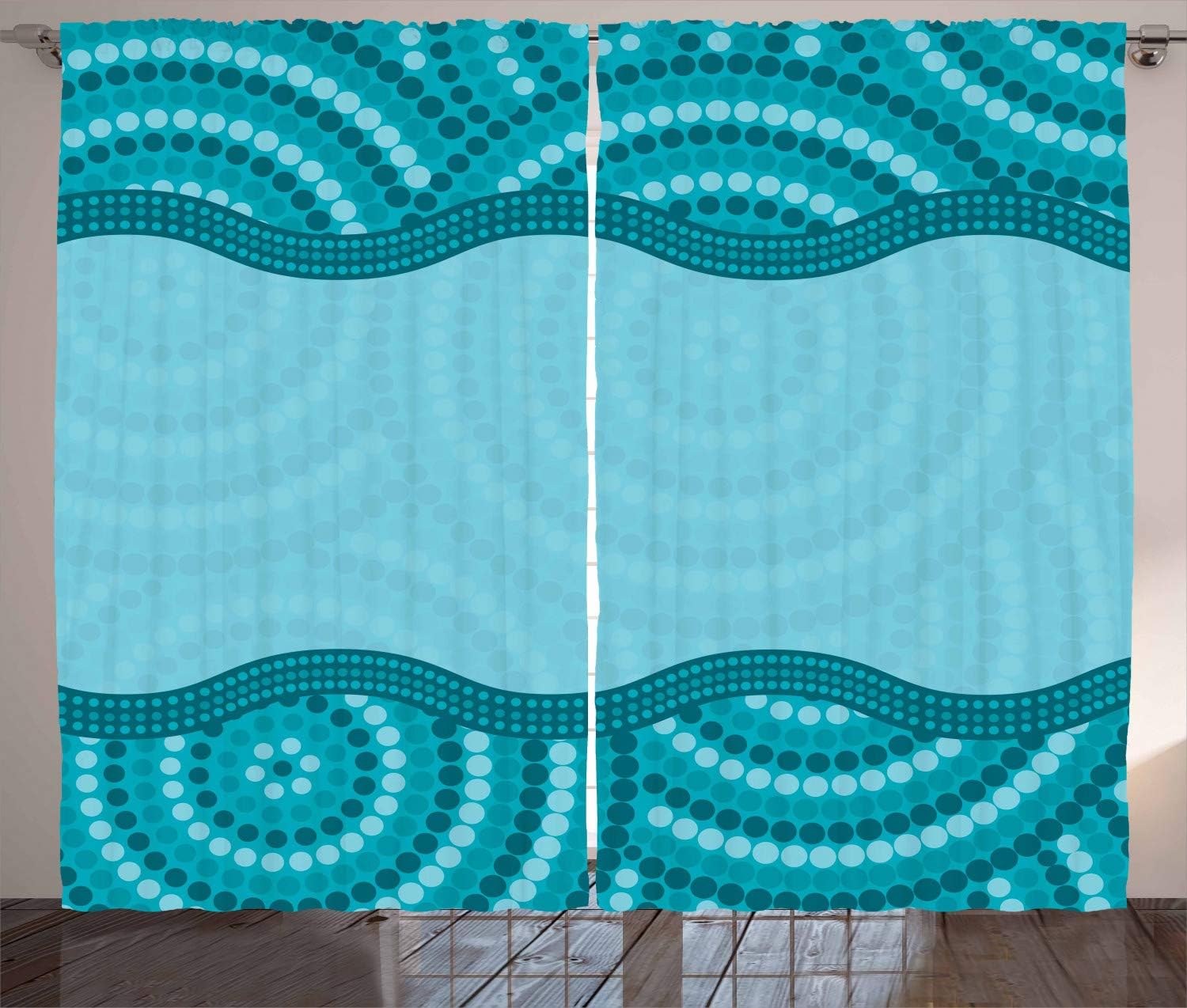 ABAKUHAUS Seafoam Curtains, Wavy Dotted Pattern with Australian Aboriginal Design Tribal Kakadu, Living Room Bedroom Window Drapes 2 Panel Set, 96 L X 110 W, Teal Seafoam Petrol Blue
