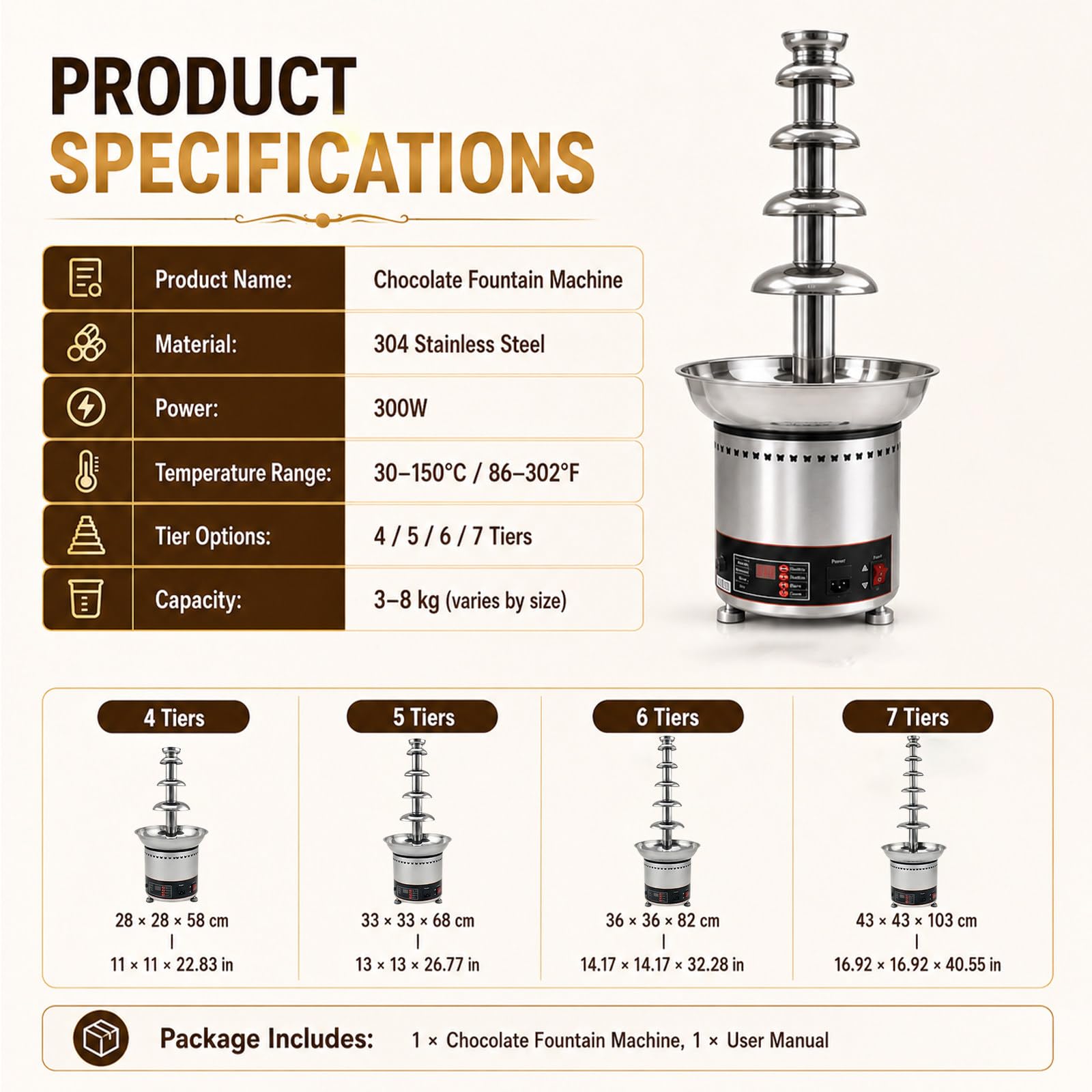 Fuente Comercial Chocolate Fundido 4/5/6/7 Niveles, Potencia Calorífica 300w 7Tiers