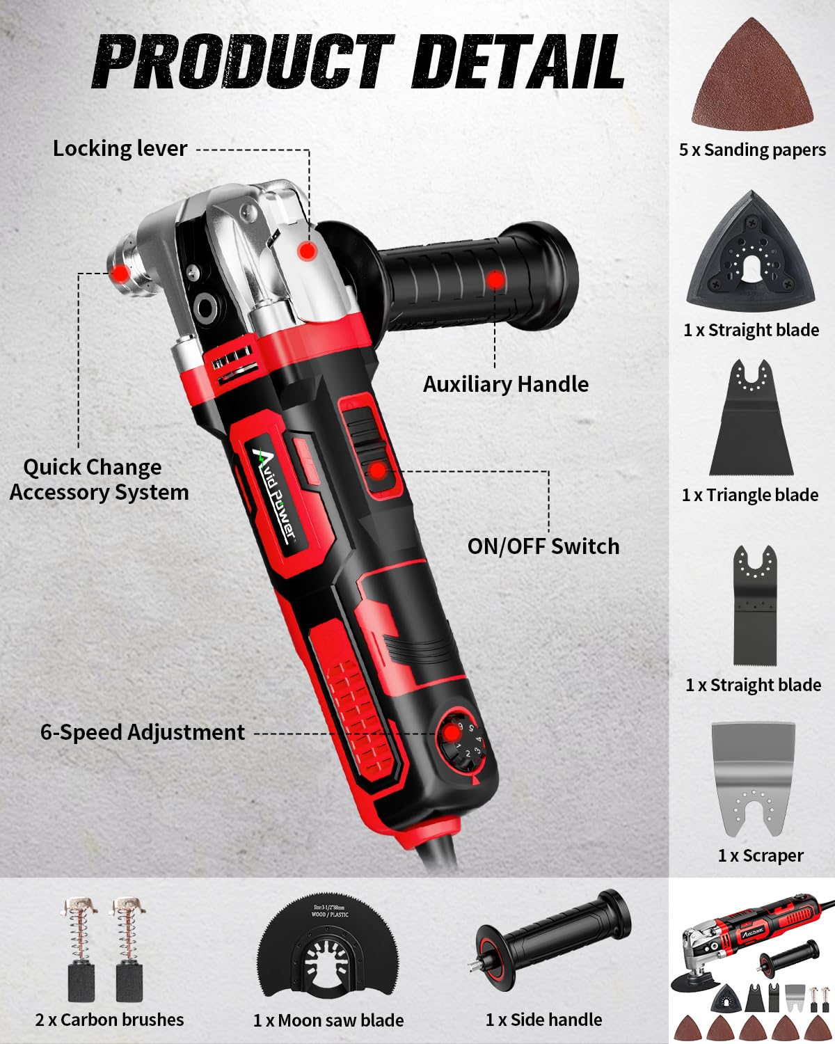 AVID POWER Oscillating Tool, 3.5-Amp Oscillating Multi Tool with 4.5° Oscillation Angle, 6 Variable Speeds and 11 pcs Saw Accessories, Auxiliary Handle — Amazon image 8