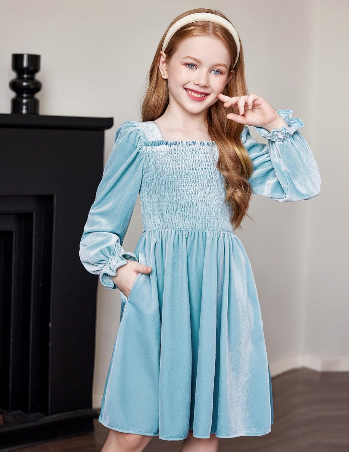 Arshiner Toddler Velvet Dress Girls Smocked Square Neck Puff Long Sleeve Party Dresses with Pockets 3-8Y - Image 5
