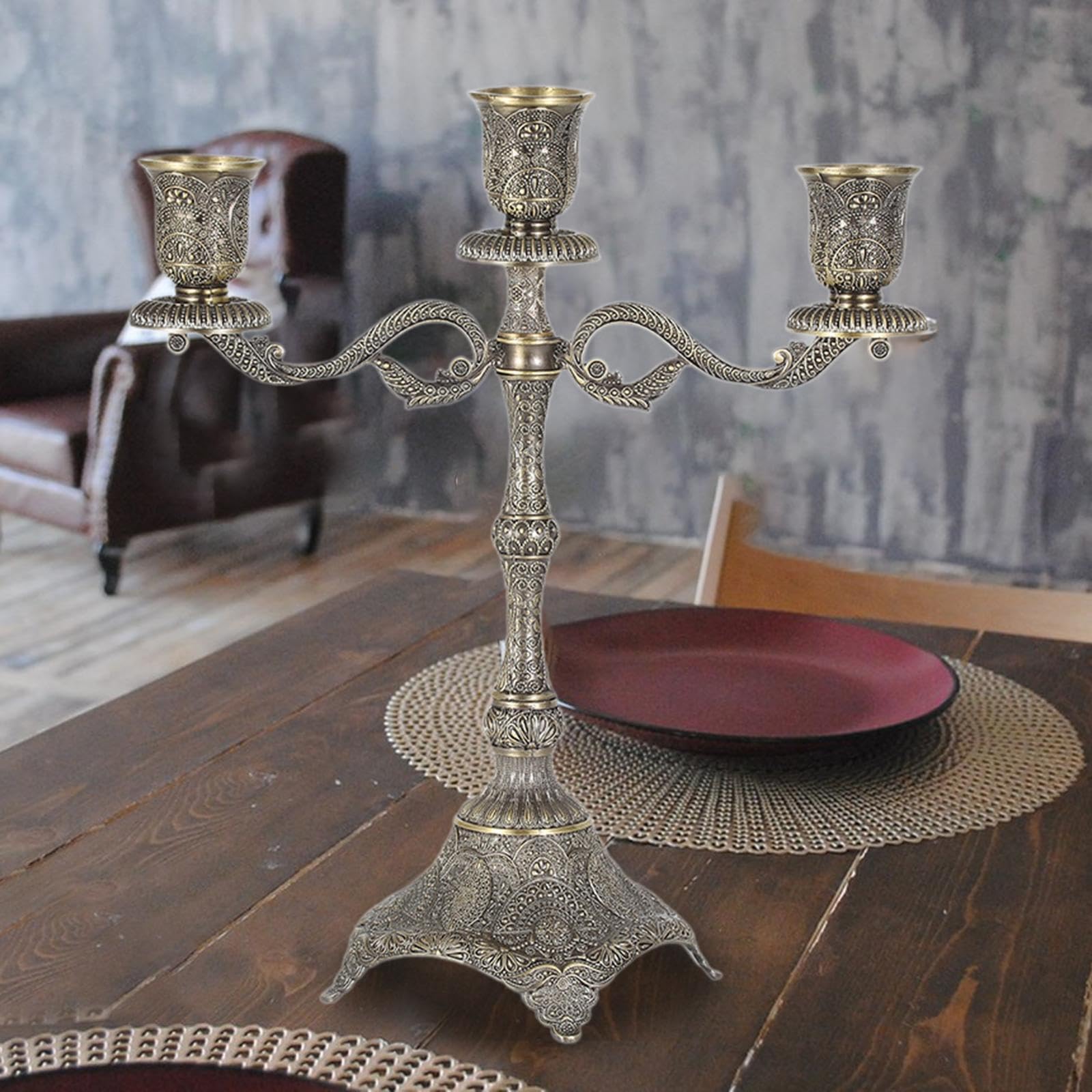 Candelabro Cónico para Decoración de Estilo Rústico, Soporte para Velas, Candelabro para Repisa, Navidad, Hotel, Aniversario, Cena, con 3 Brazos