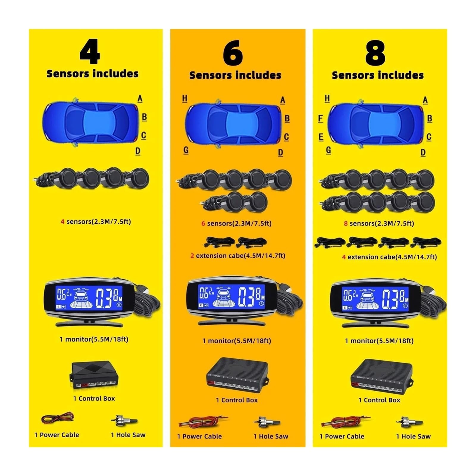 Sensor De Estacionamiento Radar Marcha Atrás Trasero para Coche 4/6/8 Sensores Aparcamiento Parktronic Detector Kit Asistencia(Negro,4)
