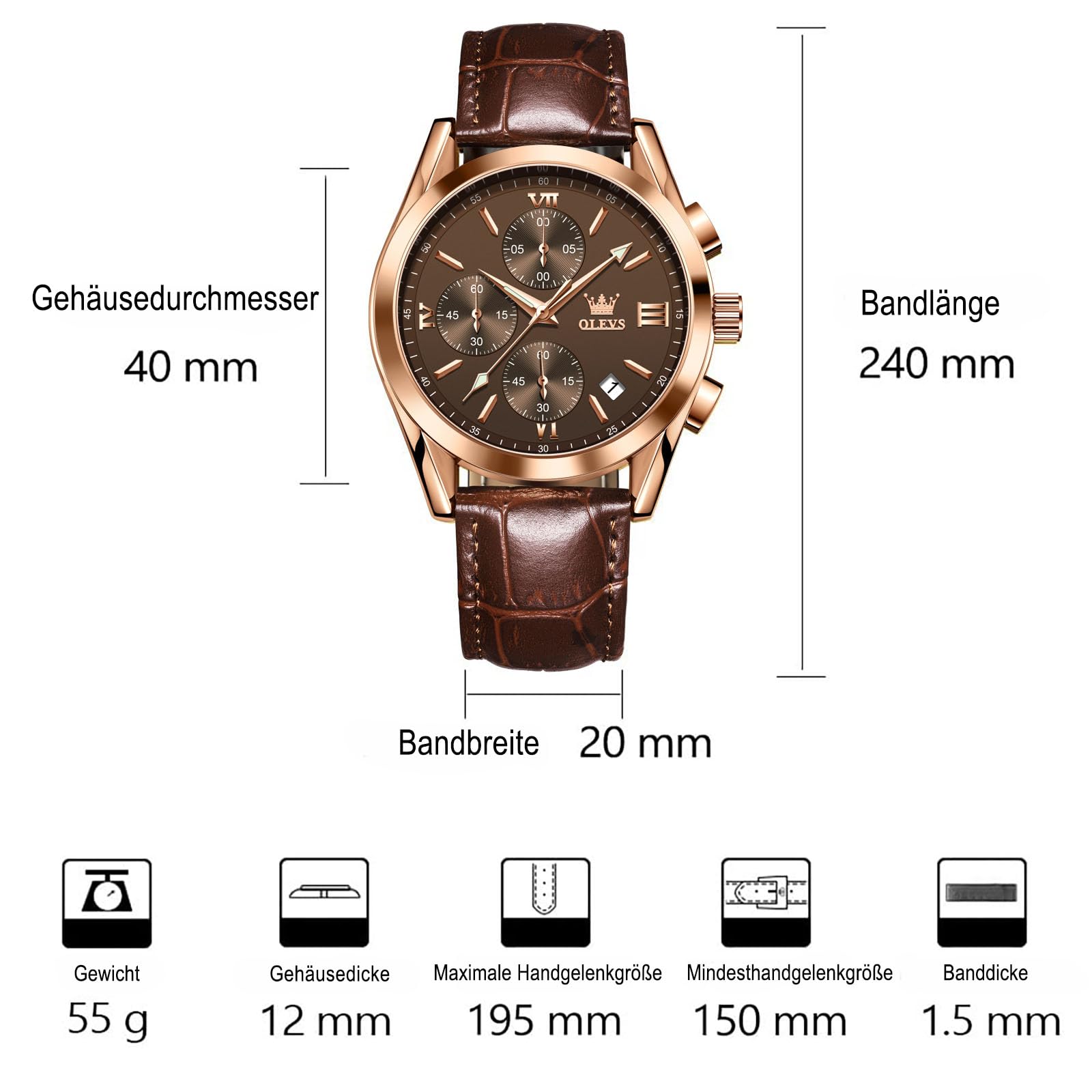 OLEVS Vintage Herrenuhren mit Lederarmband Großes Zifferblatt Armbanduhr Herren Wasserdicht Leuchtende Analog Kleid Uhren Herren mit Datumsanzeige