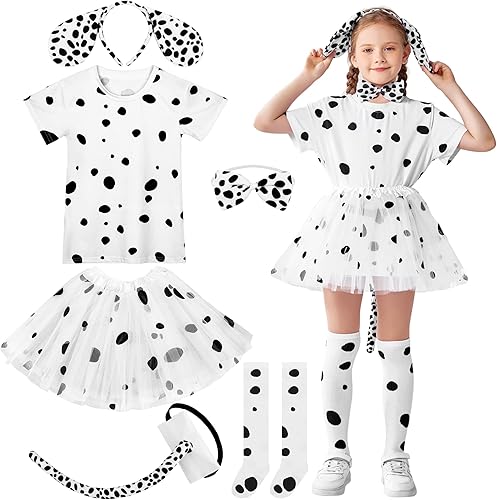 SOMSOC Juego de 6 piezas de disfraz de perro dálmata de Halloween para niñas, camiseta, diadema, cola, corbatín, calcetines, falda tutú para