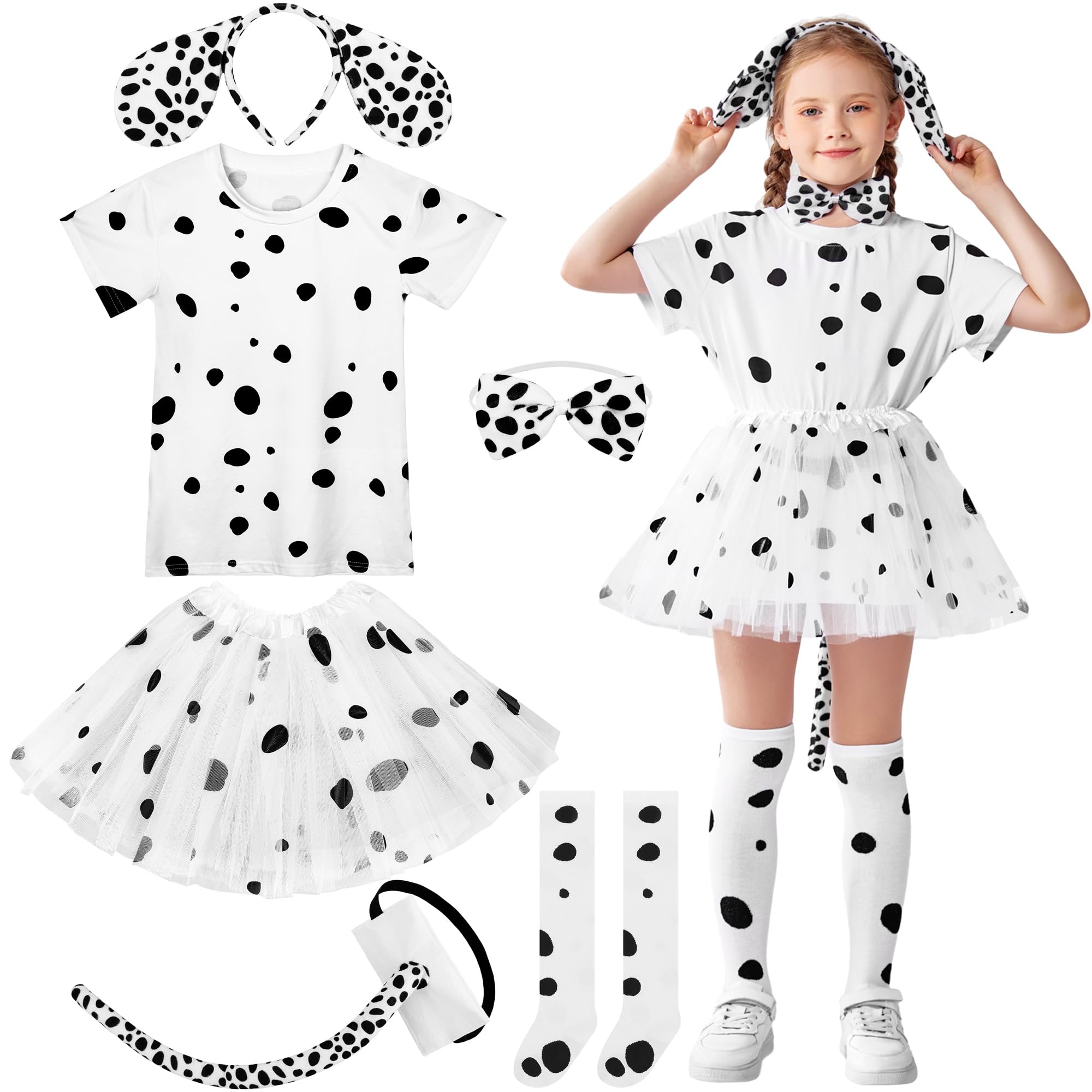 SOMSOC6 Pieces 100 Days of School Girls Dalmatian Dog Costume Set Dalmatian T-Shirt Headband Tail Bow tie Socks Tutu Skirt
