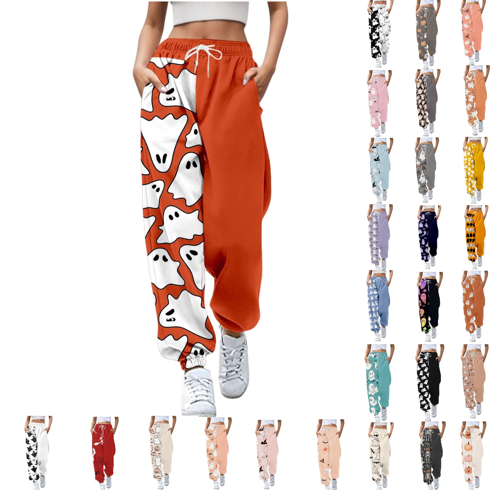 QgaomyeSweatpants for Women Trendy Two Color Funny Print Drawstring Waist Wide Leg Pants Work Loose Pocket Lounge Joggers