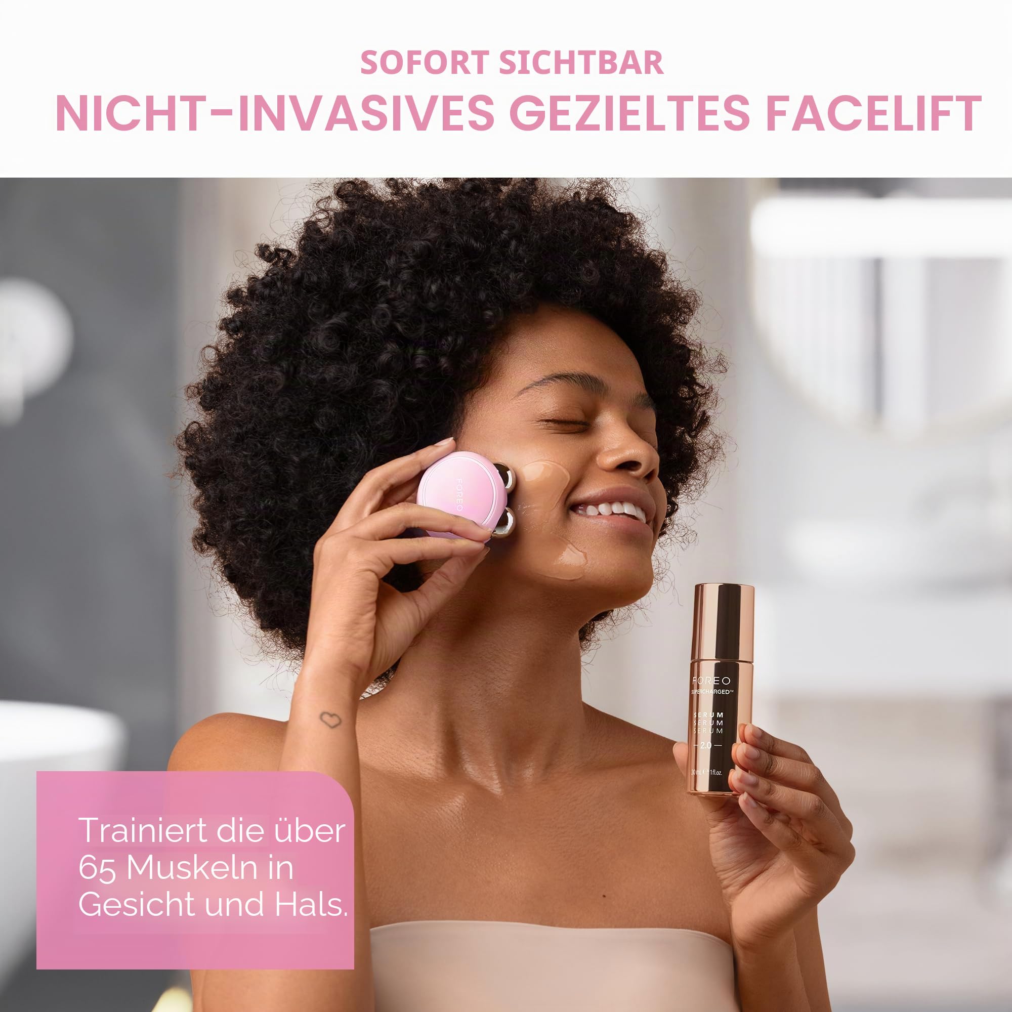 FOREO Firm & Fabulous BEAR mini Pink + SUPERCHARGED Serum 30ml | Mikrostrom gesicht massagegerät | Face lifting gerät | Doppelkinnentferner | Geschenke | Gesichtsmassagegerät gegen falten