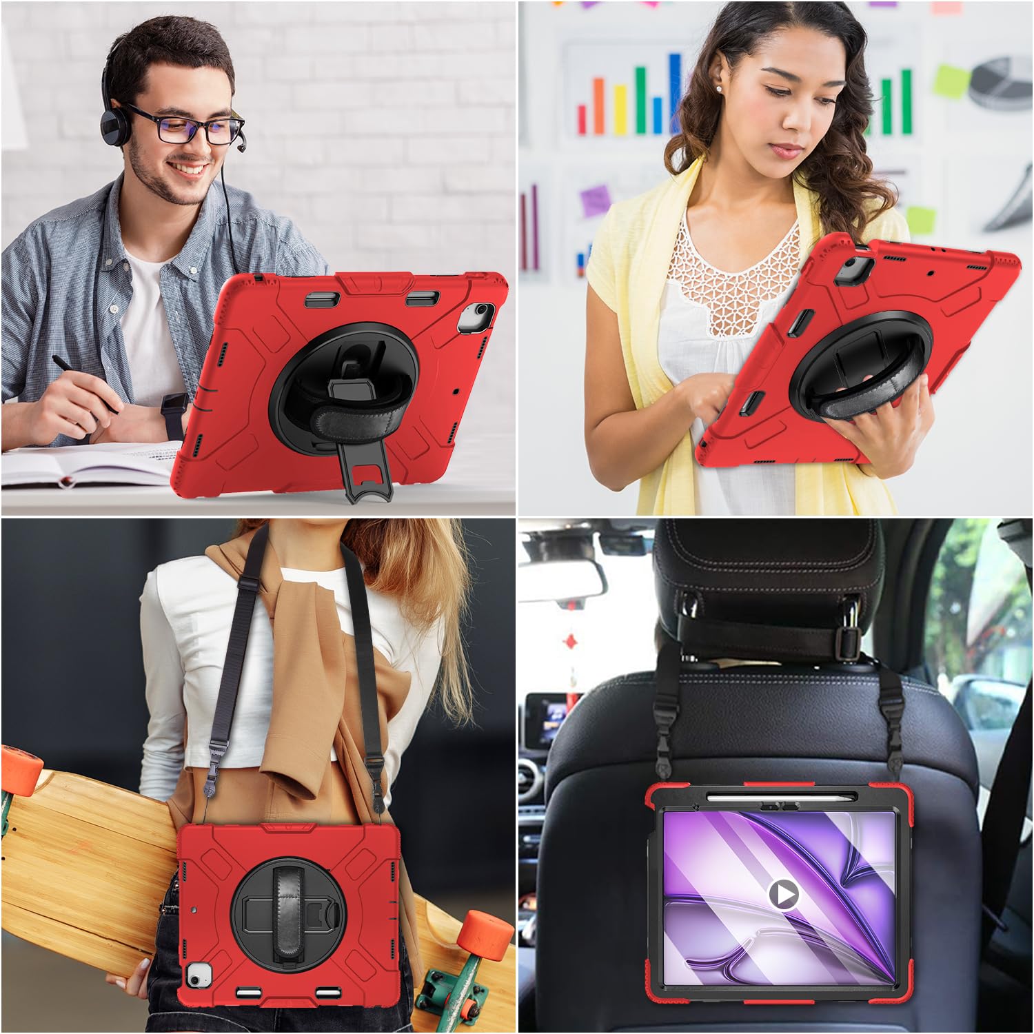 Case For IPad Air 13 Inch M3/M2 (2025/2024): Silicone Shockproof Case With Screen Protector - Stand - Handle - Shoulder Strap - Pen Holder- Pink