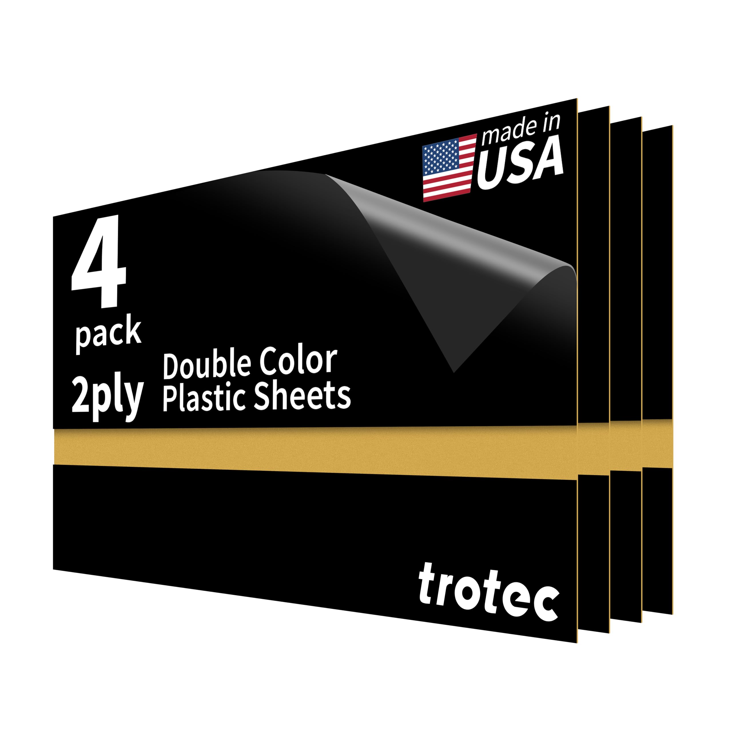 TROTECThin Acrylic Sheet | 24”x12”x1/50”, 4 Pcs | 2 Ply | Black/Gold | Matte, Gloss & Brushed Metal Finish | Acrylic Panels for Laser Engraving, Trophy Plates, Interior Signs & Badges