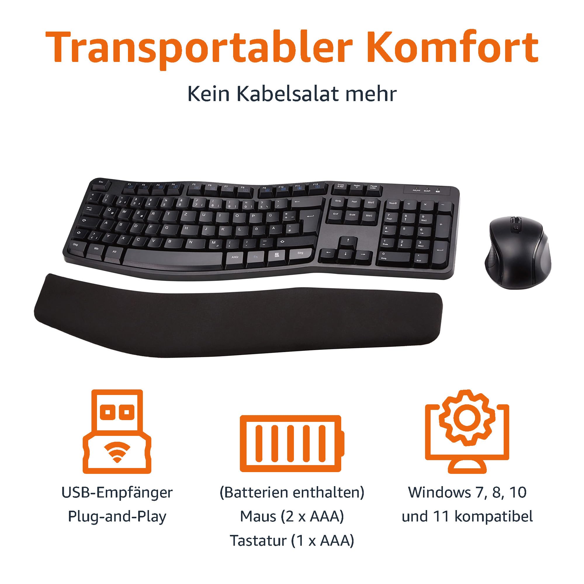 Amazon Basics Tastatur-Maus-Set, ergonomisch, kabellos, DE Layout - schwarz