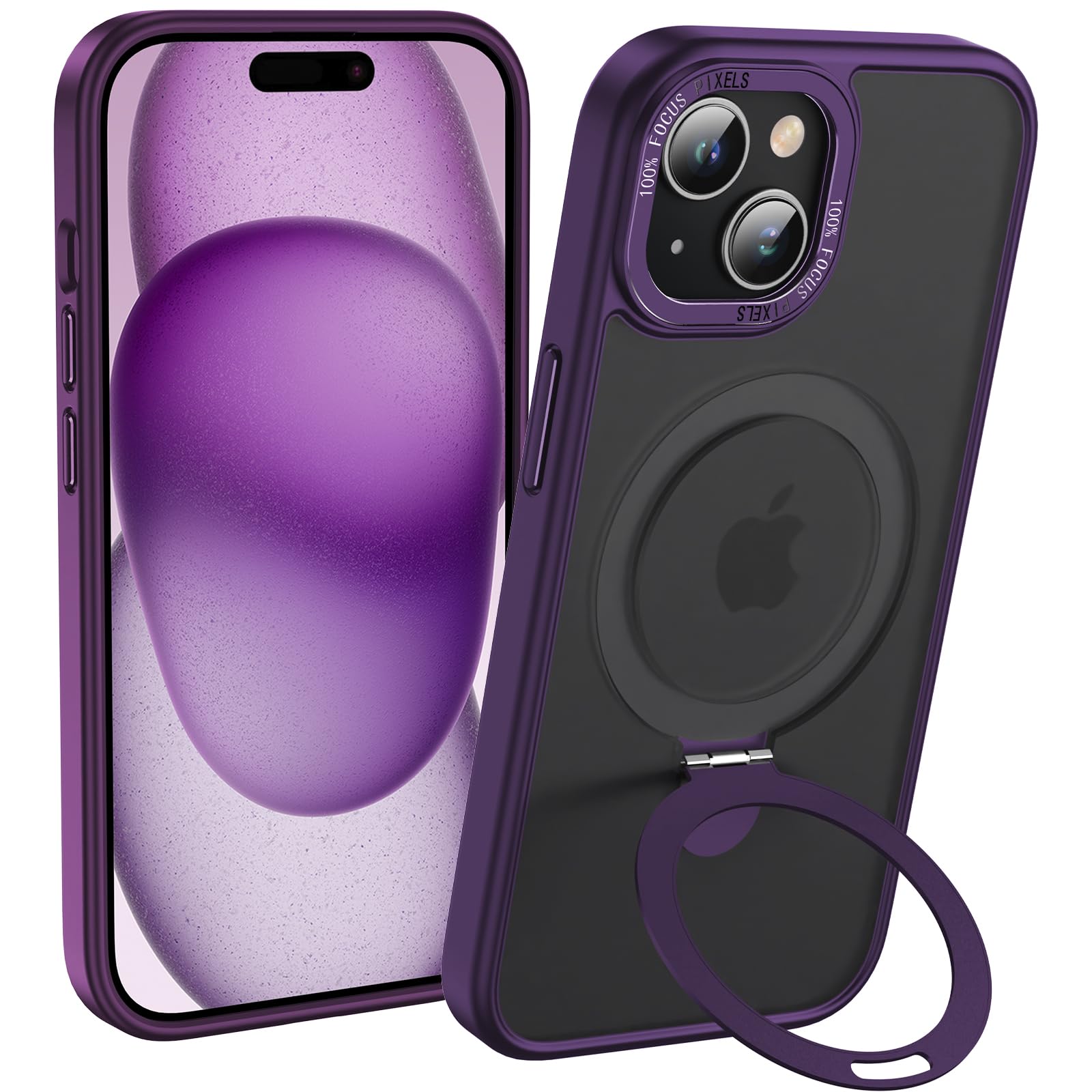Anqrp Magz Serie für iPhone 15 Hülle, Magnetisch Ring Ständer, Halbtransparent Matte iPhone 15 Schutzhülle, Militär Handyhülle für iPhone 15 mit Silikon 6.1’’, Dunkel Lila