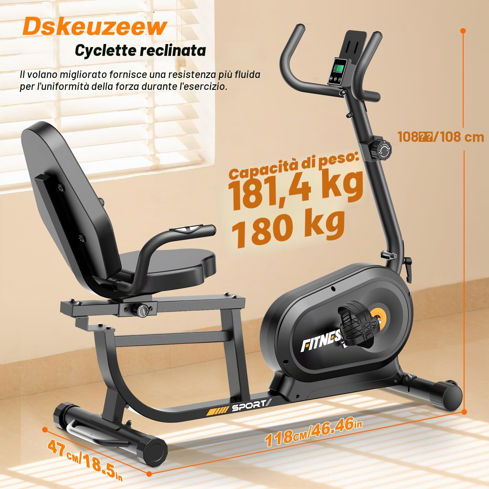 Dskeuzeew Cyclette da Casa Professionale, Bicicletta ad attrito Indoor per Fitness da Camera con Schermo LCD e Portabicchieri,struttura in acciaio da 80 mm, capacità di 160 kg