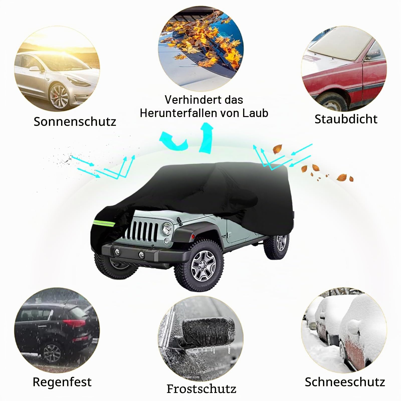Autoabdeckung, wasserdichte Autoabdeckung für Jeep Wrangler 4 Tür Anti UV | Auto Outdoor Indoor Abdeckplane für CJ YJ TJ und JK 4 Tür Auto Ganzgarage Abdeckplane Winter Sommer Allwetter Abdeckung
