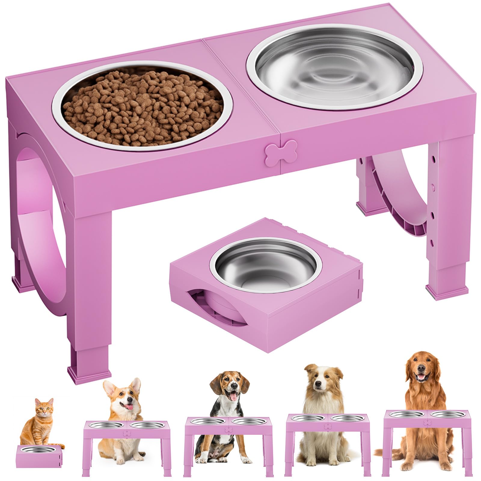 Aystkniet Raised Dog Bowls for Medium Large Dogs, 5 Height Adjustable Dog Bowl Stand to 8cm 23cm, 27cm, 31cm, 35cm, with 2 Stainless Steel Dog Food Bowl, Elevated Dog Bowls for Traveling