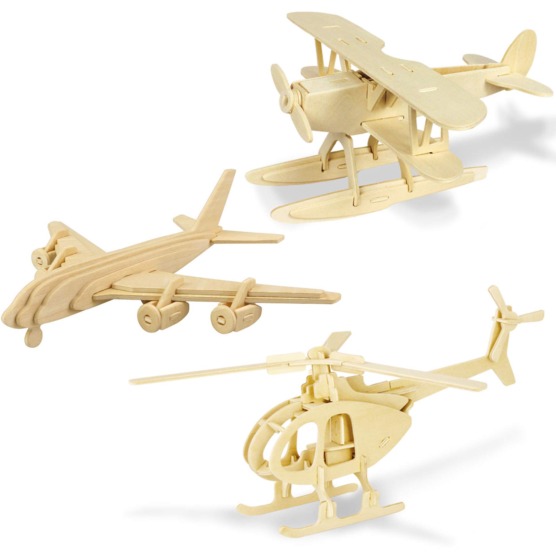 Georgie Porgy Woodcraft Construction Kits 3D Wooden Puzzle Jigsaw Wooden Model Kits for Kids Toy Age 5+ Pack of 3 (Seaplane Helicopter Civil Airplane)