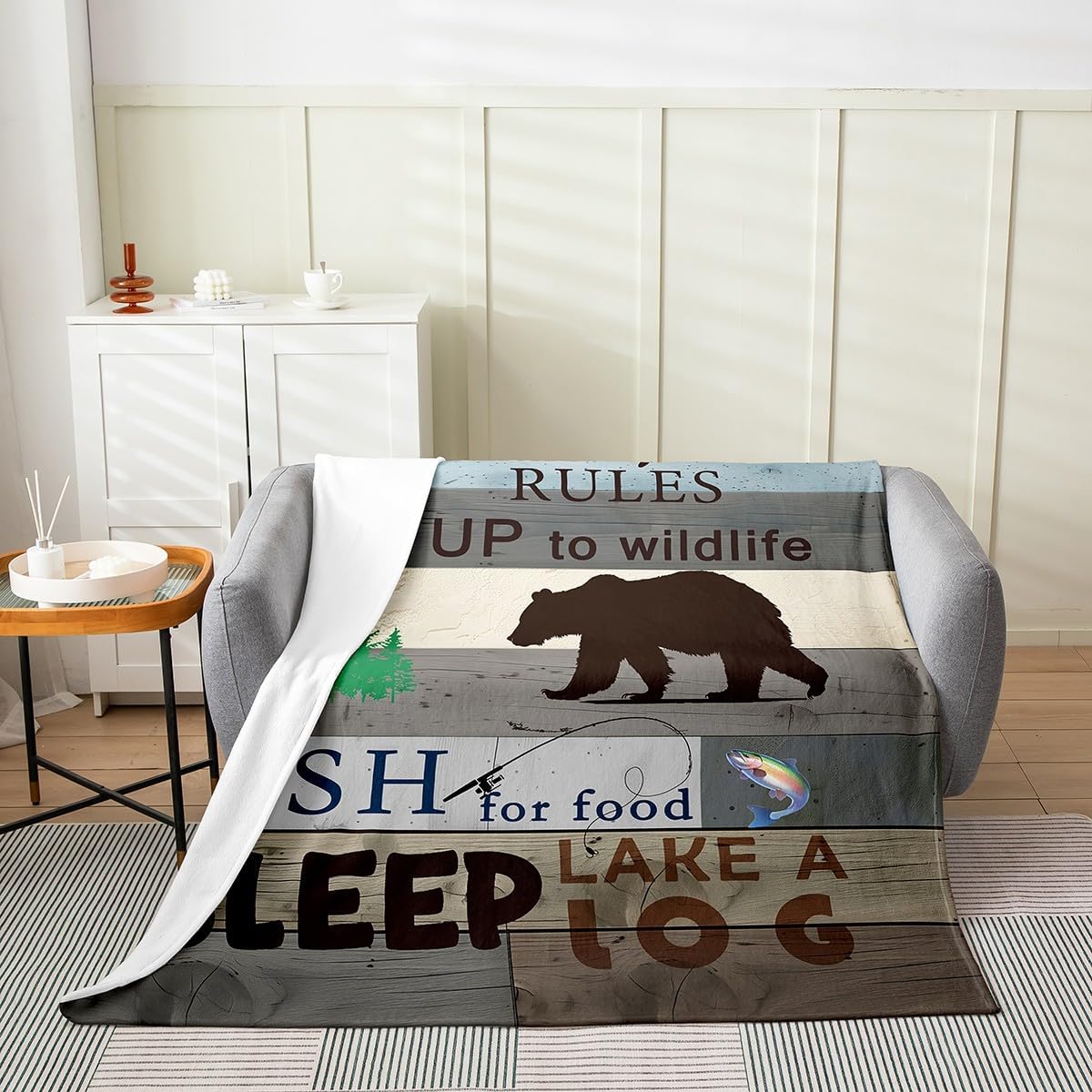 Lake House Fleece Blanket,Rustic Farmhouse Blue Gray Wooden Plank Bed Blanket for Kids Teens,Cabin Boating Paddle Fishing Adventure Flannel Blanket for Room Decor,Queen 90"x90"