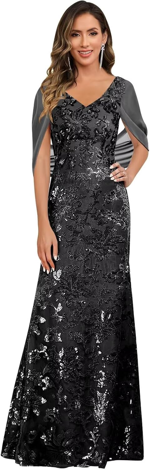 VCCICANY Sequin Mermaid Mother of The Bride Dresses for Women V Neck Long Evening Formal Gown with Cape Sleeves