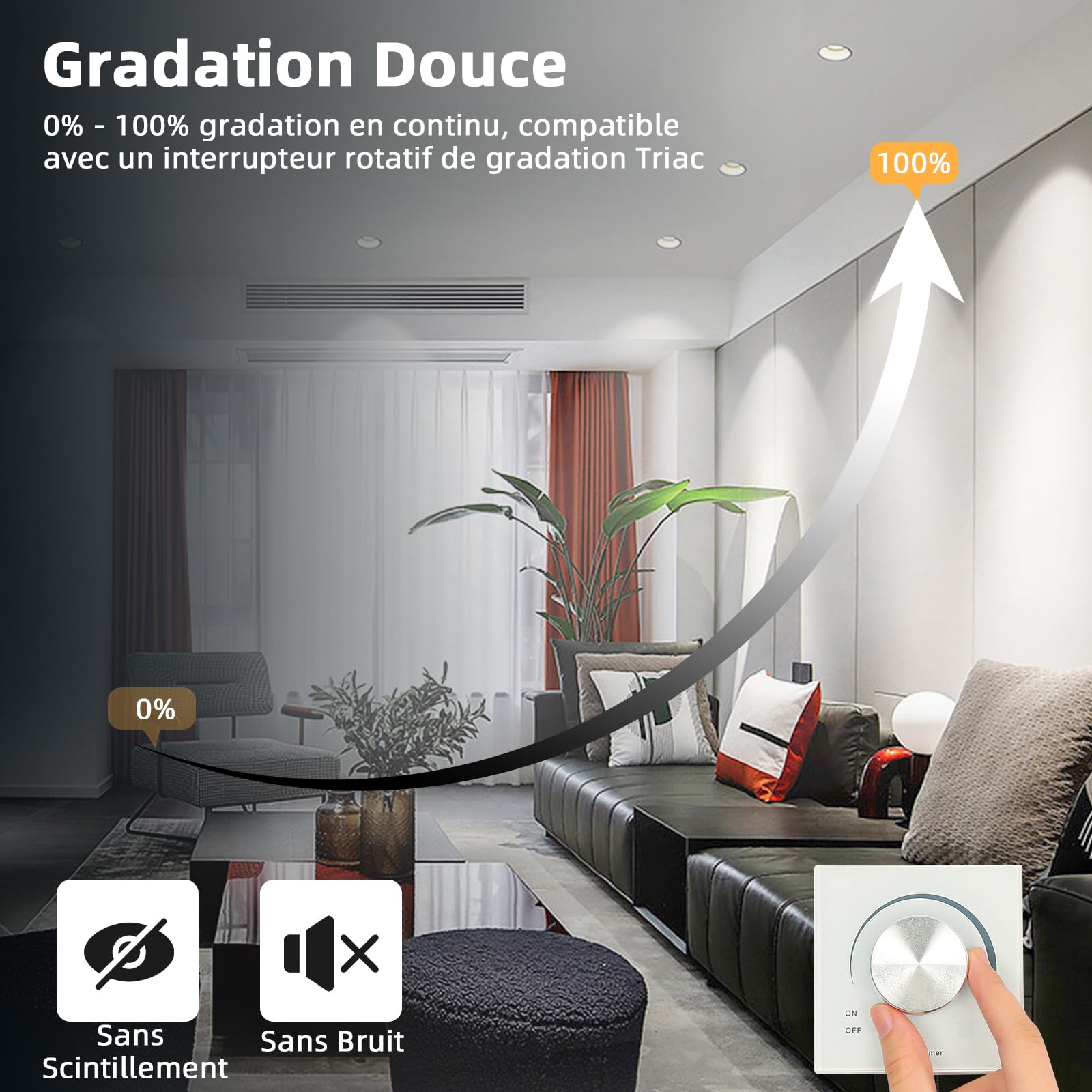 7W Spot LED Encastrable Noir Dimmable Extra Plat,5000K Blanc Froid COB,Spot de Plafond 220V 600LM,Trou 68mm Pour Cuisine Salon,Lot de 6