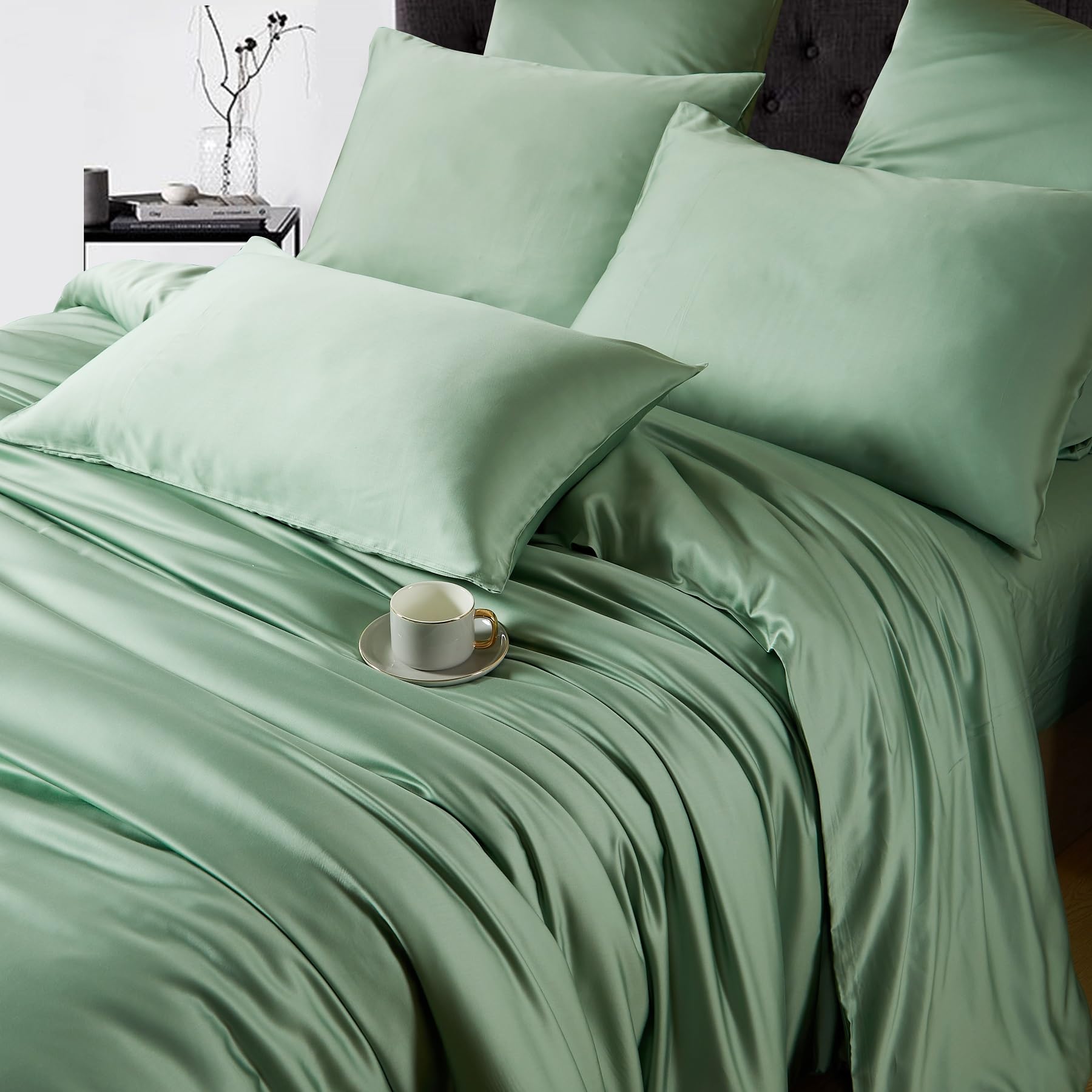 Set di biancheria da letto in bambù 155x220 Verde Tinta unita 50% Bambù Lyocell Lenzuola fresche morbide traspiranti lussuose seta set di copripiumino 3 pezzi con cerniera e 2 federe 80x80 cm