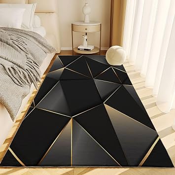 Black Gold Print Washable Area Rug 4 x 6, Soft Geometry Stain Resistant Carpet 4 x 6 ft - Non-Shedding Non-Slip Floor Rug for Kids Room, Nursery & Dining Room