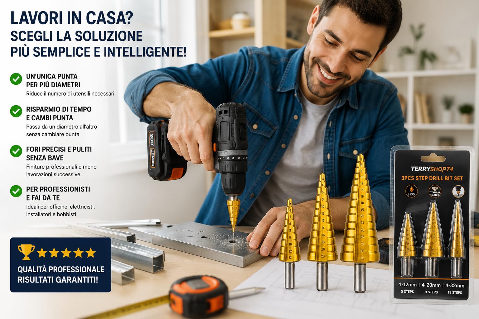 Terryshop74® Set 3 Punte a Gradino HSS Rivestite Titanio – Punte Coniche Graduate 4-12 mm, 4-20 mm e 4-32 mm – Per Metallo, Alluminio, Lamiera, PVC e Plastica – Attacco Esagonale
