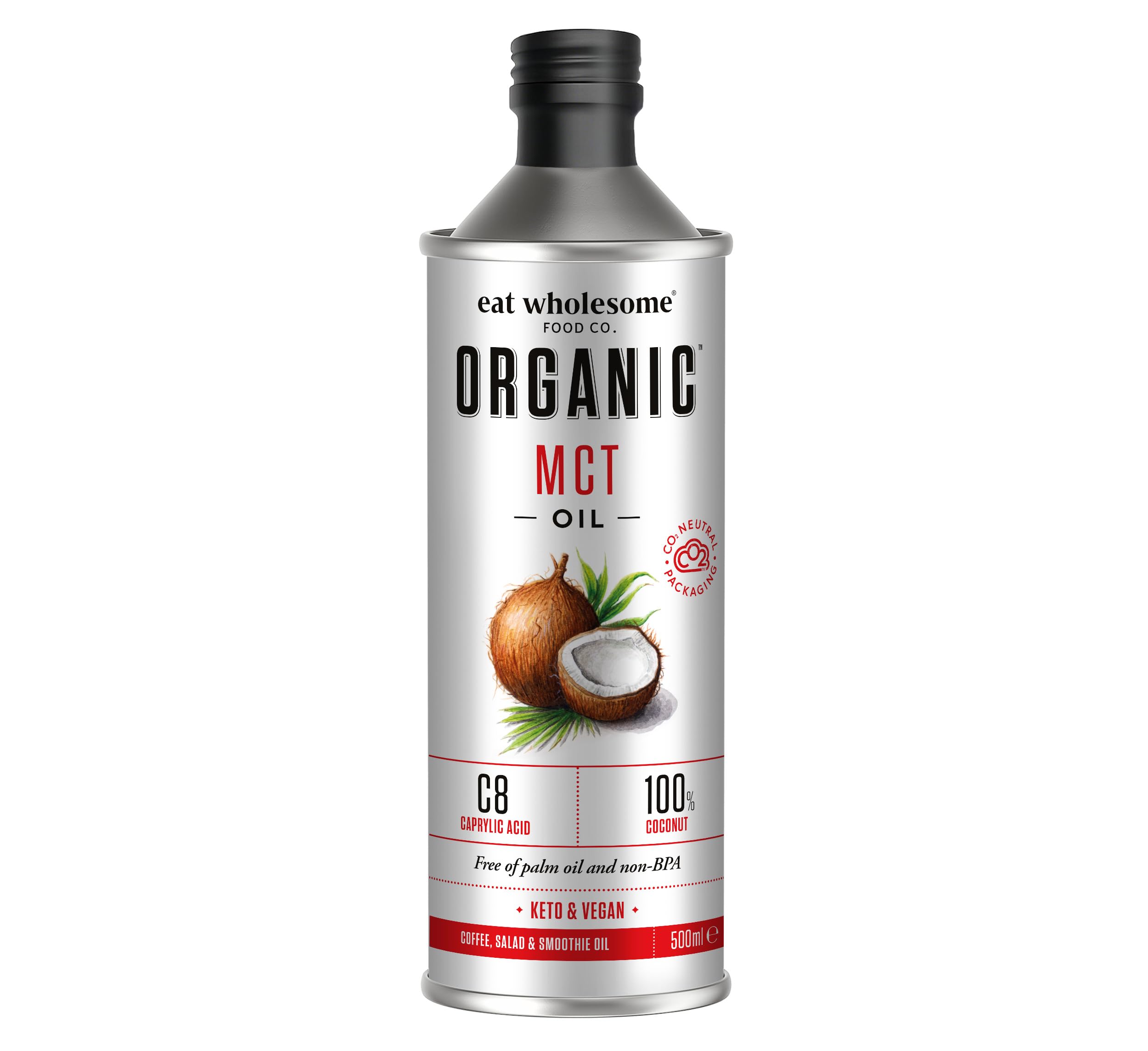 Eat Wholesome High C8 Huile de noix de coco MCT biologique, 100 % noix de coco, huile MCT en bouteille en verre, 500 ml (l'emballage peut varier)
