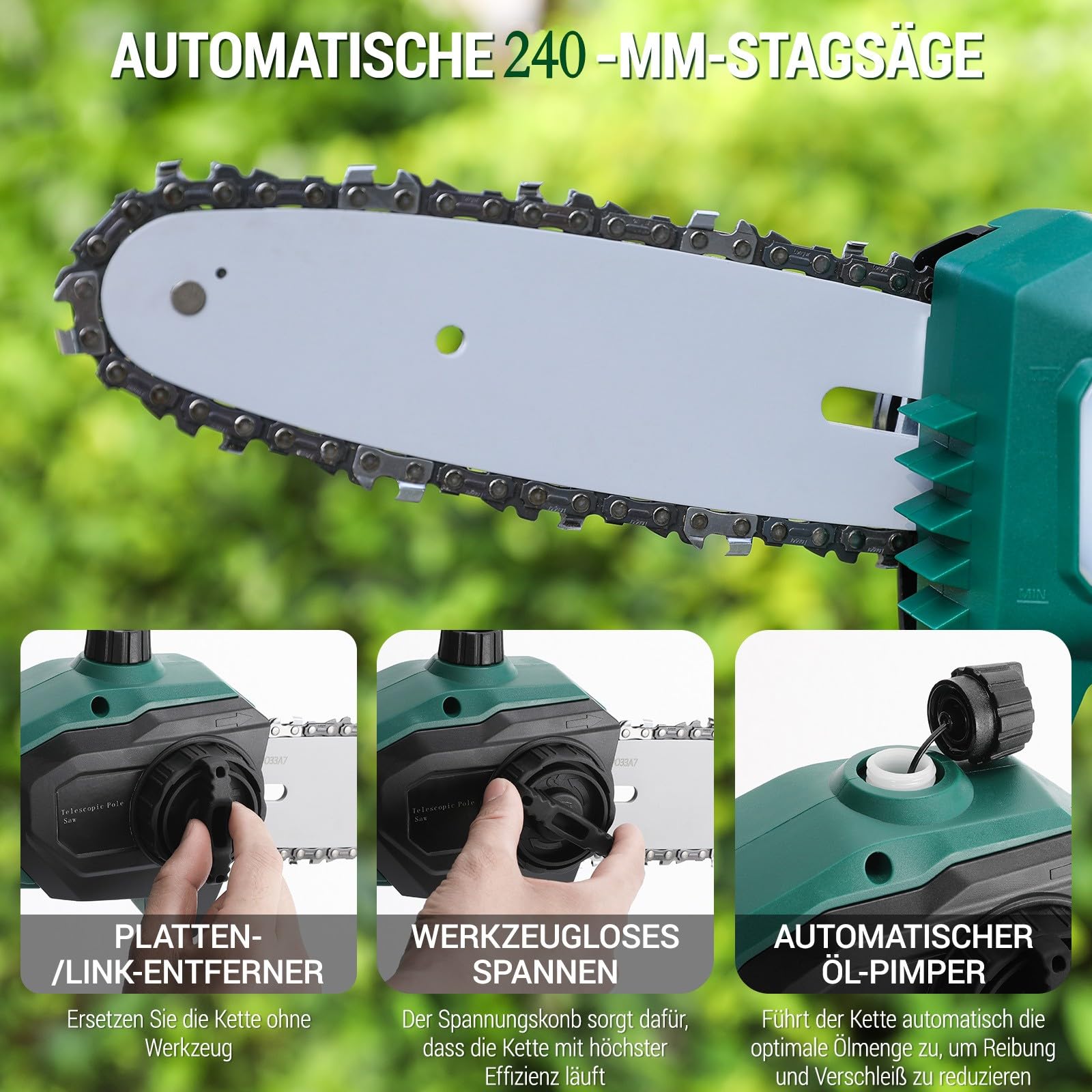 Hochentaster, Elektro Hochentaster, Elektro Teleskop Astsäge, mit 20V 2,5Ah Li-Ion Akku/Schnelles Ladegerät, 6 m/s Kettengeschwindigkeit, 24cm Schwertlänge, Aluminiumstange, Leicht