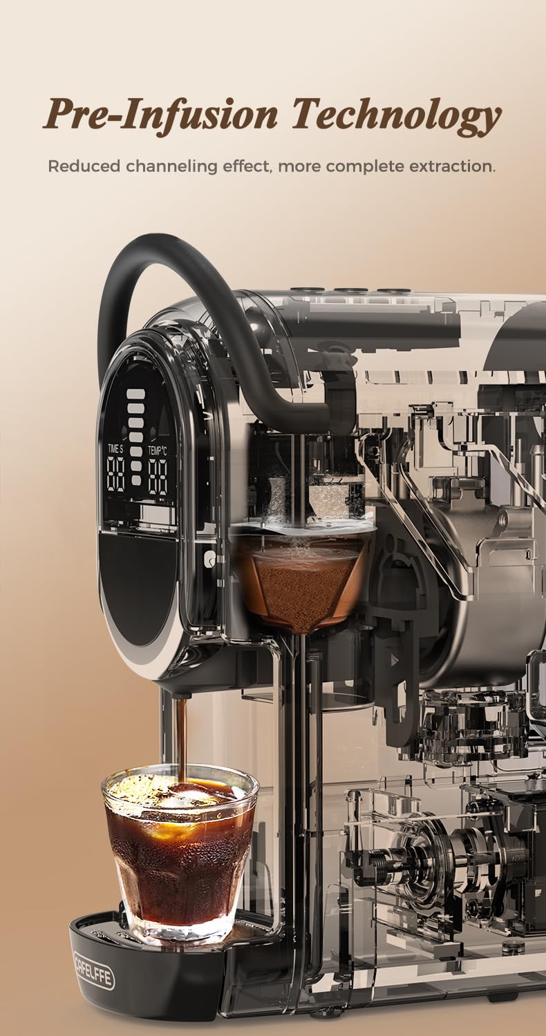 CAFELFFE MK-609S Ekspres do kawy na kapsułki 4 w 1 z ciśnieniem 19 barów, parzenie na gorąco/zimno, kompaktowy ekspres do kawy do domu i biura, Nes Original/DG/ESE/mielony, czarny