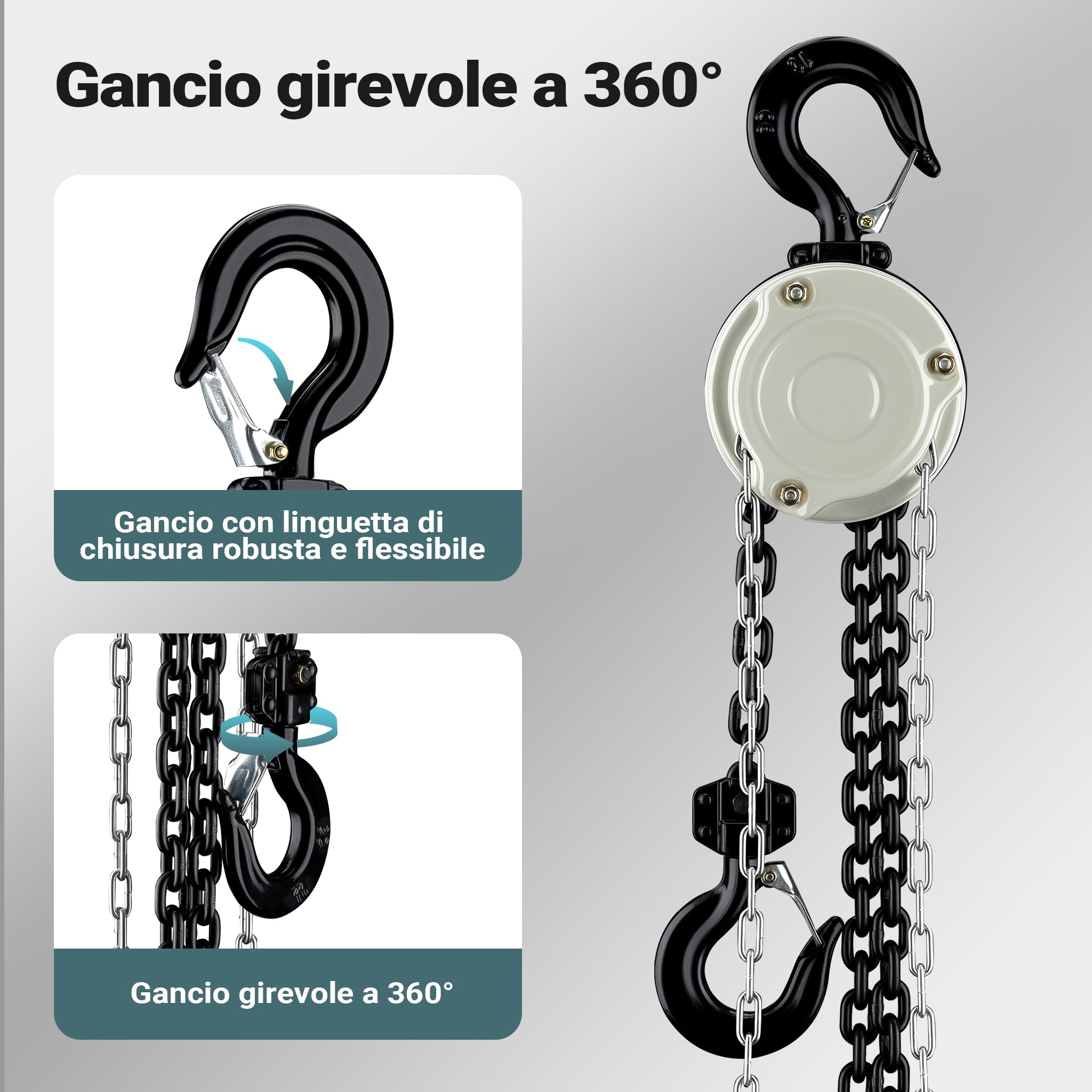 Wiltec Mini paranco a catena manuale VSK-1, capacità di carico 1 t, altezza di sollevamento 3 m, per sollevare e abbassare carichi pesanti in officine, magazzini e cantieri, per impieghi gravosi