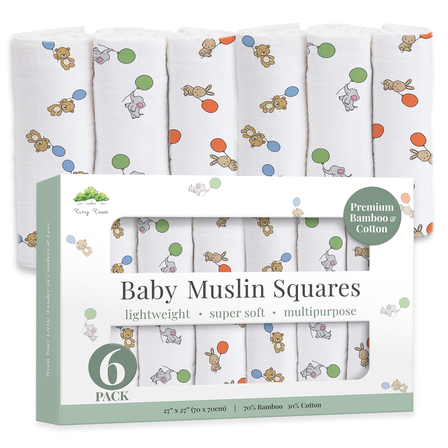 Tiny Trees Baby Muslin Cloths, 6 Pack 70cm x 70cm, Extra Soft Cotton Muslin Cloths for Baby, Absorbent