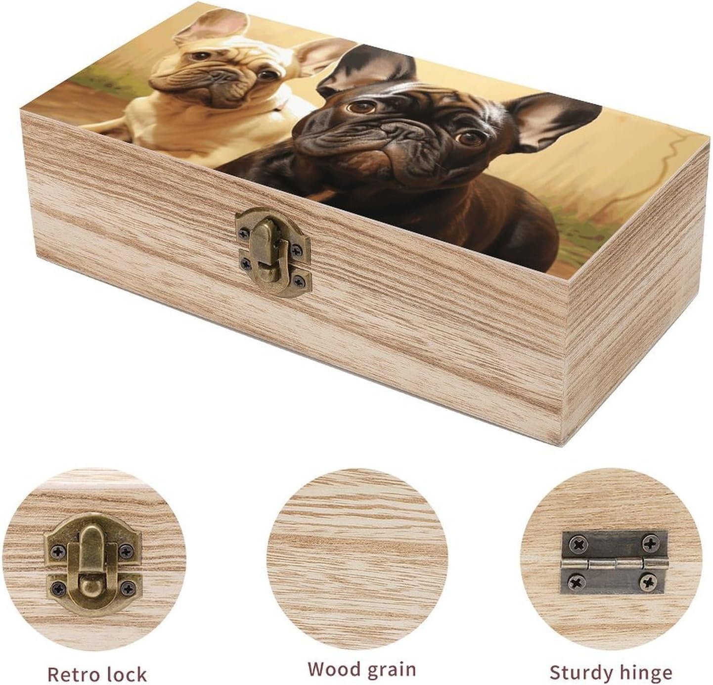 Vintage Wooden Storage Box with Hinged Lid, Cute French Bulldog Graphics image 3