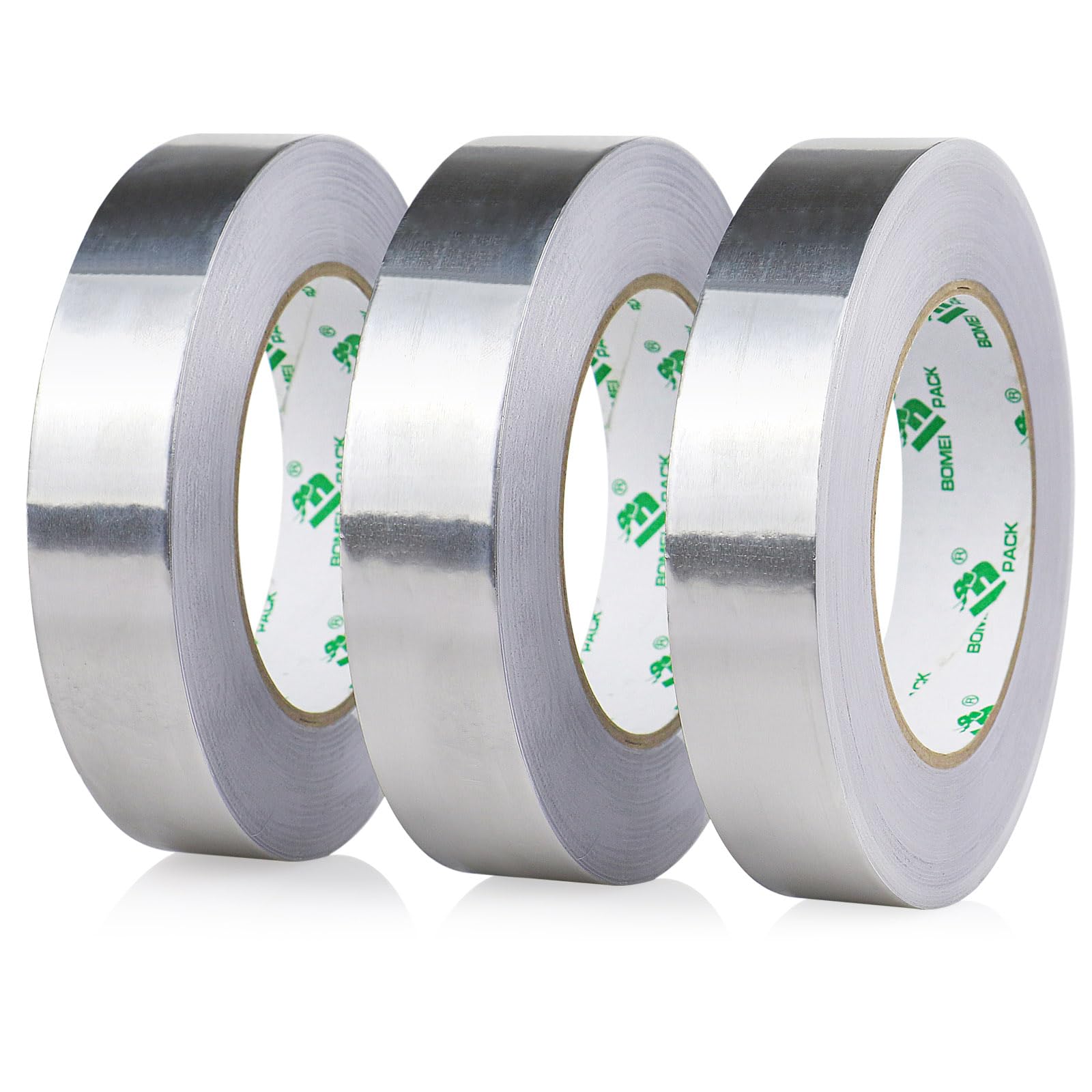 BOMEI PACK 3 Rolls Aluminum foil tape 1 inch Heat Resistant High Temperature Foil tape 25mm x 50m Pipes Repairing Insulating heating ventilation HVAC ducts Fixing works