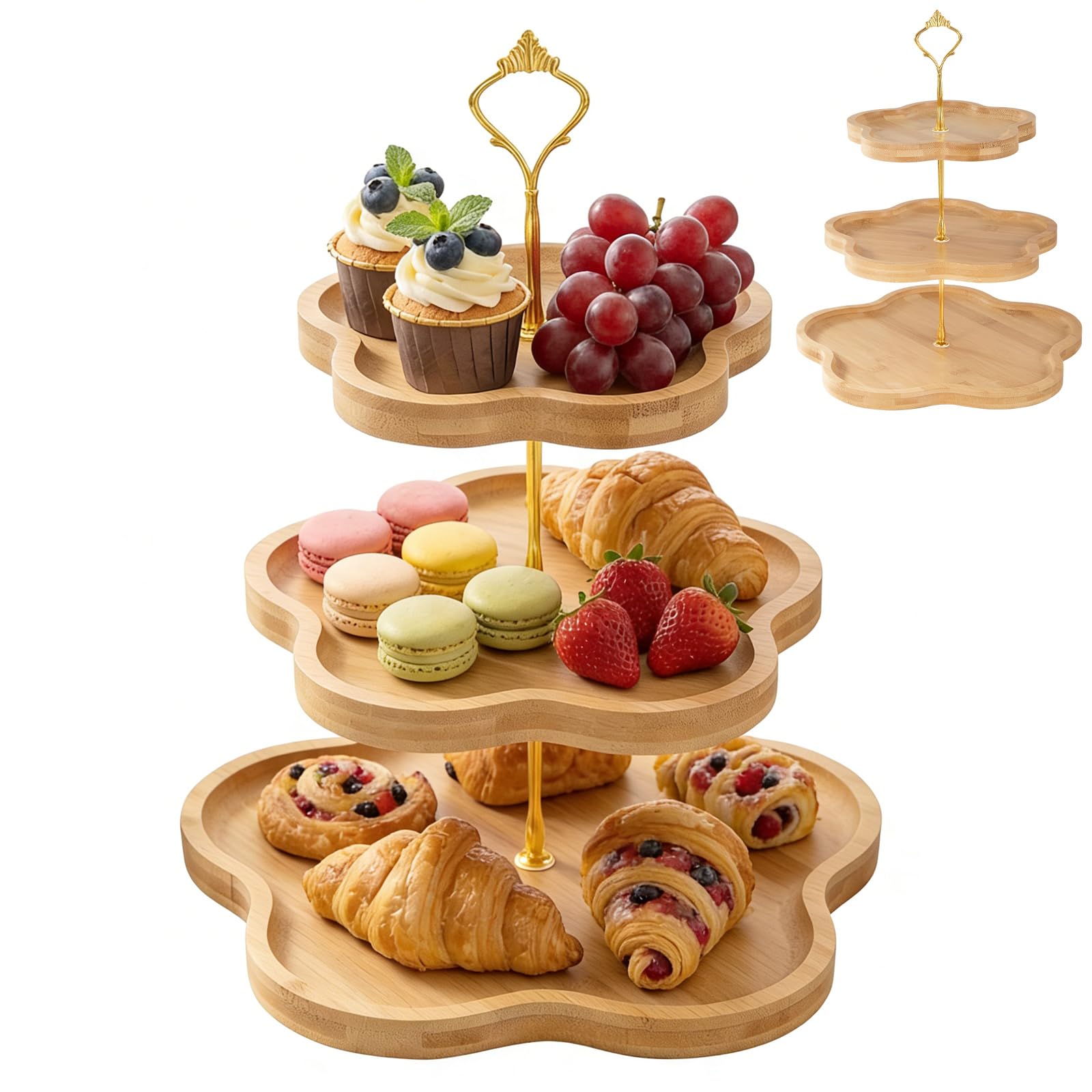 DUJUST Supporto Elegante in Legno a 3 Livelli per Cupcake con Design a Forma di Fiore, Vassoio in Bambù per Cupcake, Dessert,Matrimoni e Decorazioni in Stile Rustico e Casa, Facile da Montare e Pulire