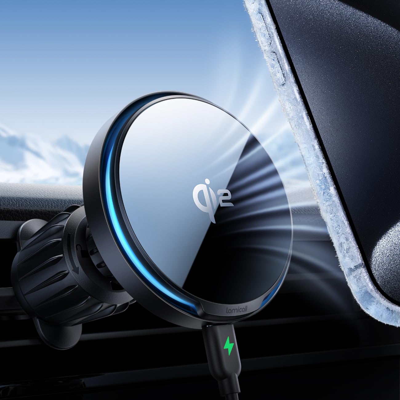 Lamicall Qi2 15W Cargador Inalámbrico Coche para MagSafe - [Ventilador & Chip Inteligente] Soporte Movil Coche para MagSafe con Gancho de Metal, 360° Rotación, para iPhone Series 17 16 15 14 13 12 11