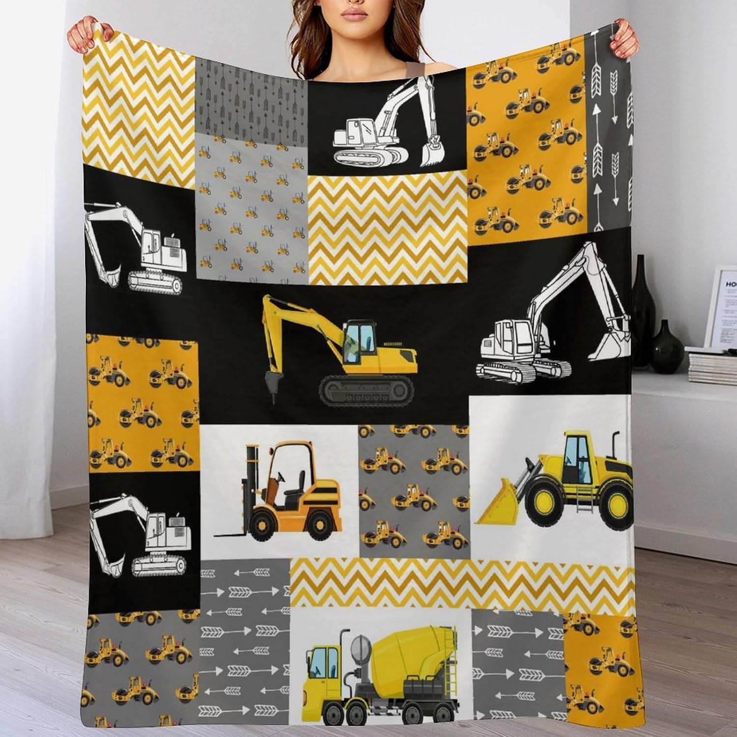 Excavator Throw Blanket,Boys Kids Construction Vehicles Curtains Equipment Trucks Cartoon Car Plush Fluffy Warm Cozy Bedding Blankets Chair Sofa Couch Picnic Travel Office, 50x60 in
