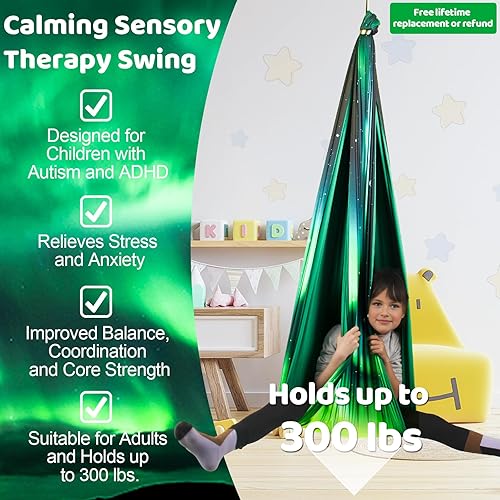 Miniatura 16 de Columpio sensorial de doble capa para niños y adultos con capacidad para hasta 300 libras de terapia en interiores y exteriores, con kit de colgador