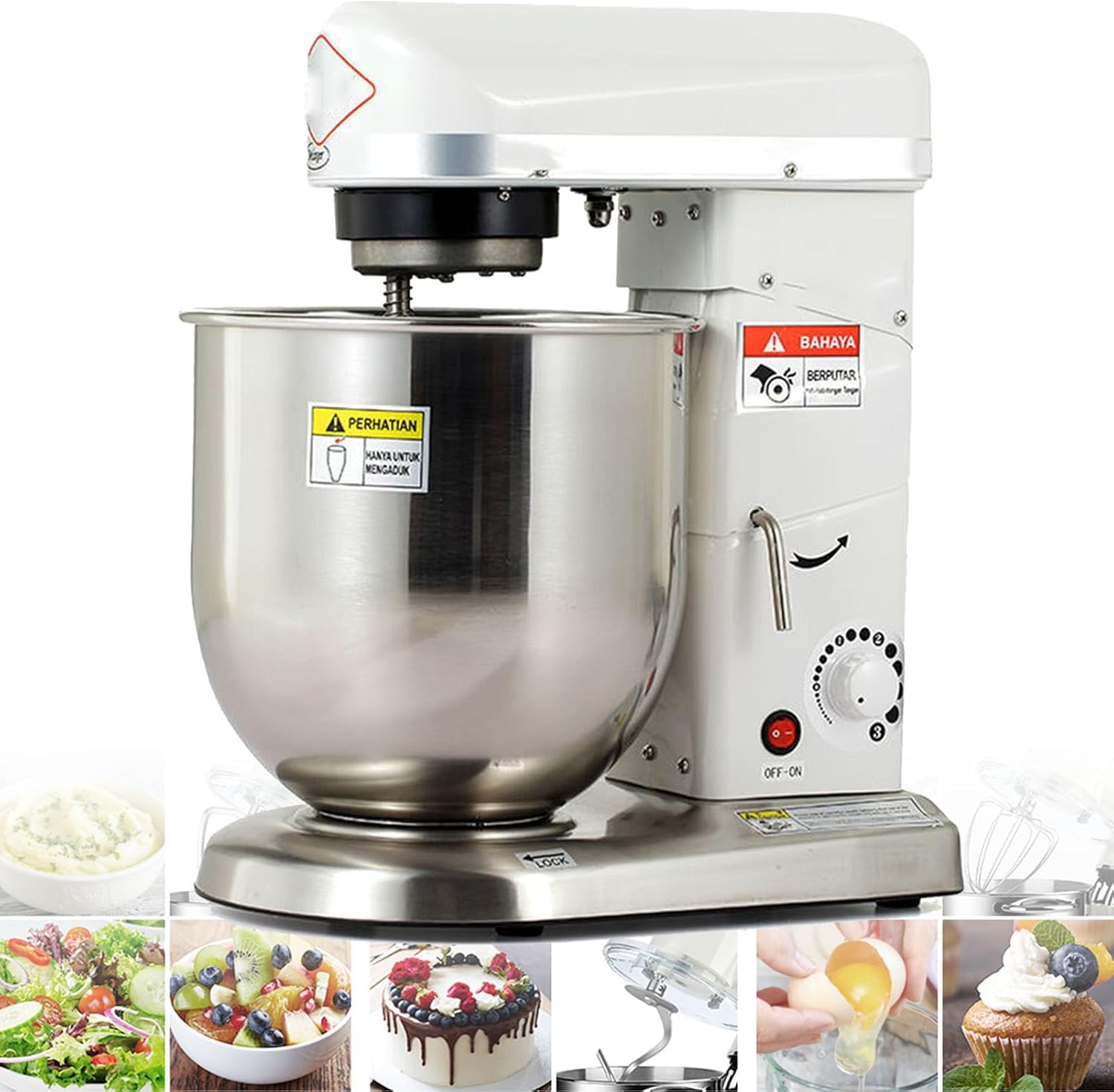 Robot da Cucina Professionale da 500 W con Ciotola da 10 Litri, Impastatrice A 3 velocità per Impasti E Torte, con Frusta E Gancio per Pasticceria Commerciale - Bianco White