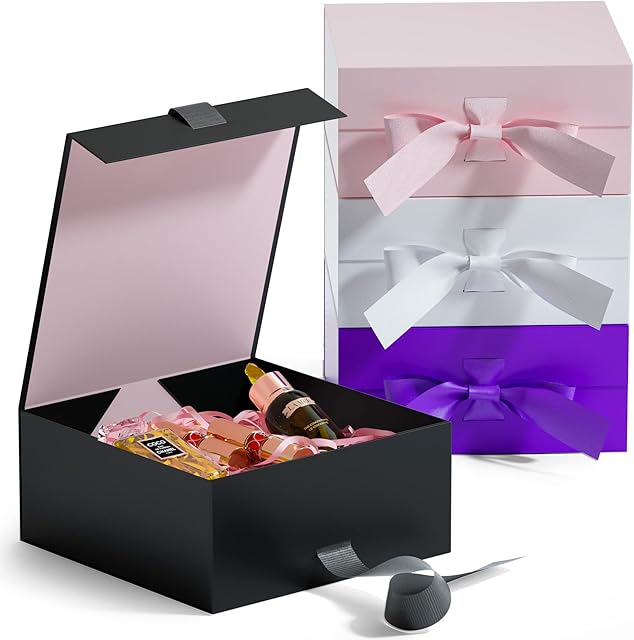 GIFTSAT Magnetic Gift Box for Presents 18 x18 x7.5 cm,Small Gift Boxes Black with Lid for Gifts, Paper Wedding Favor Boxes,Birthday Gift Box Bulk, Party Favor Boxes
