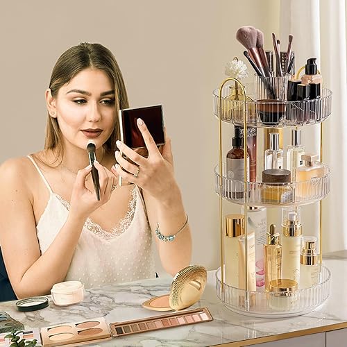 Miniatura 5 de Organizador de maquillaje giratorio de 360 grados con soporte para brochas de cosméticos, gran capacidad de 3 niveles para cuidado de la piel y