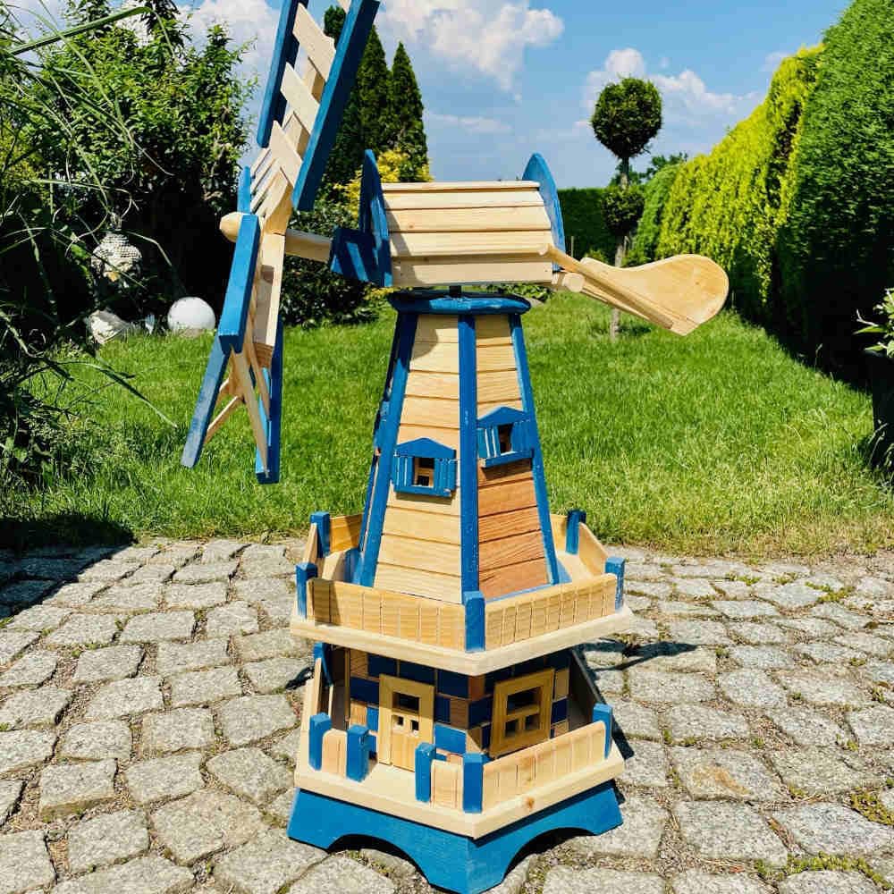 handgefertigte Sechseck Doppelstock-Garten-Windmühle aus Holz Natur/Blau Höhe 93 cm
