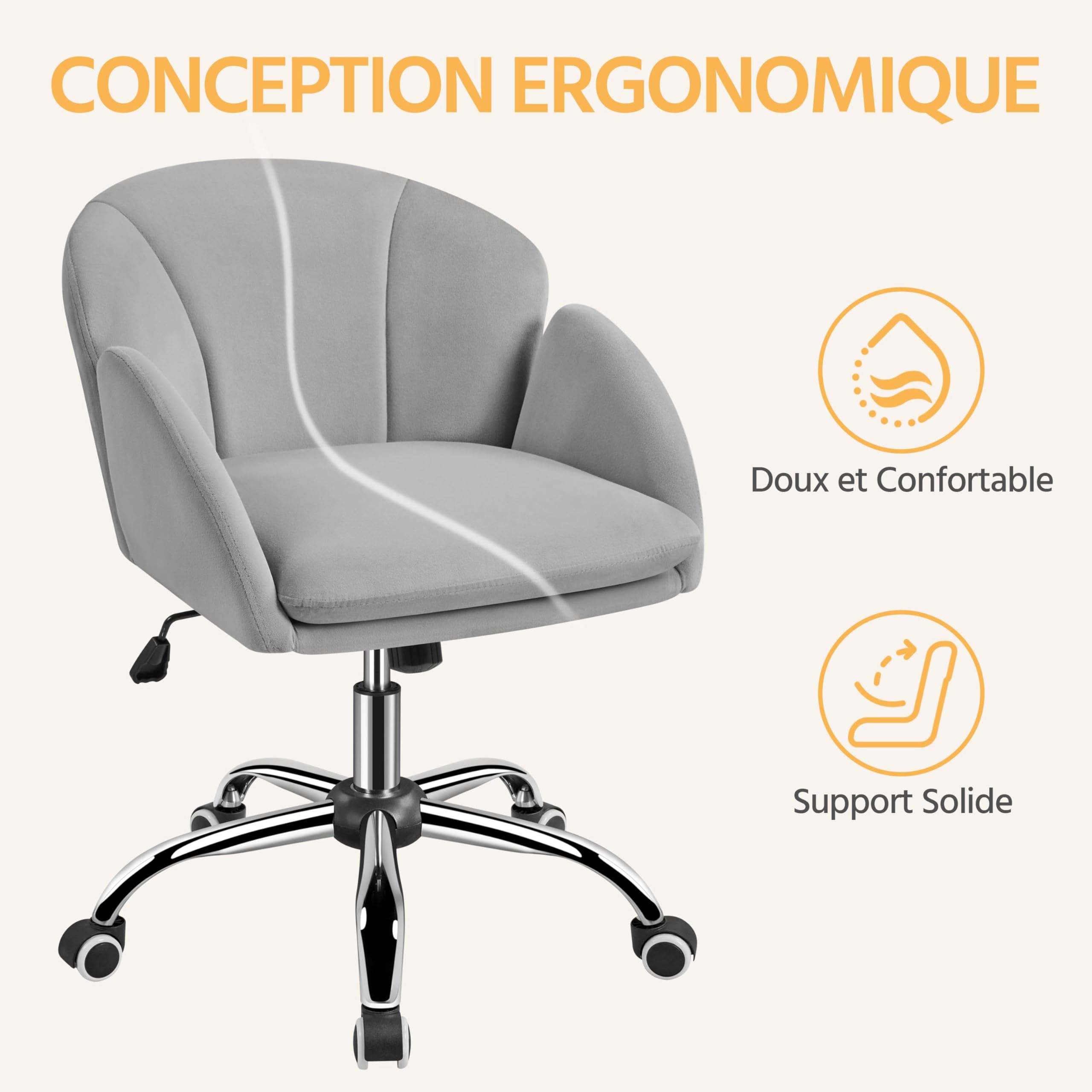 Yaheetech Sedia da ufficio Design Fiore Sedia da ufficio in Velluto Altezza regolabile con schienale arrotondato reclinabile per camera da letto, biblioteca, grigio chiaro