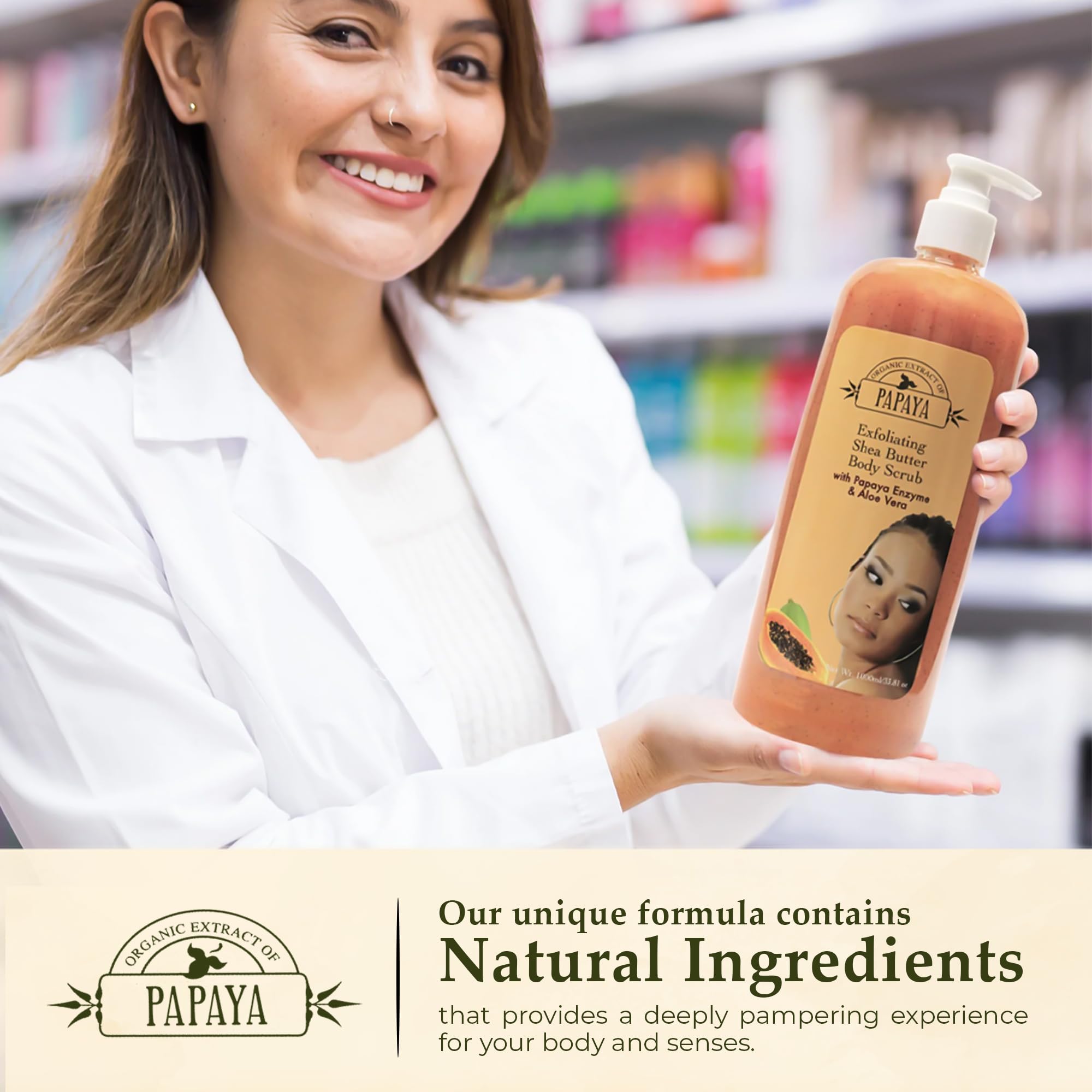 OMIC Organic Extract Of Papaya Exfoliating Body Wash, 33.8 Fl oz 1000ml, with Papaya Oil and Shea Butter
