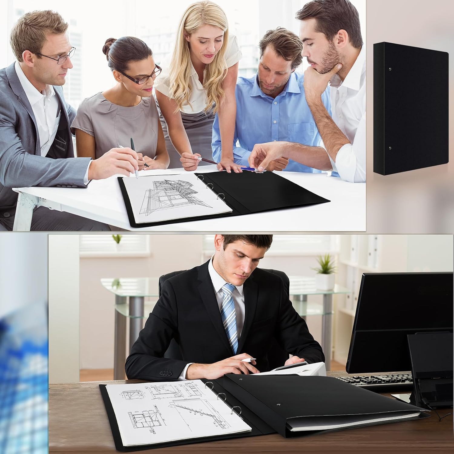 2 Pcs 3 Ring Binder 11"x17" Binder Poly Panel Featuring 1" D Ring Fit 11" x 17" Paper Size for Store Artwork Poster Paper PP Material (Black)
