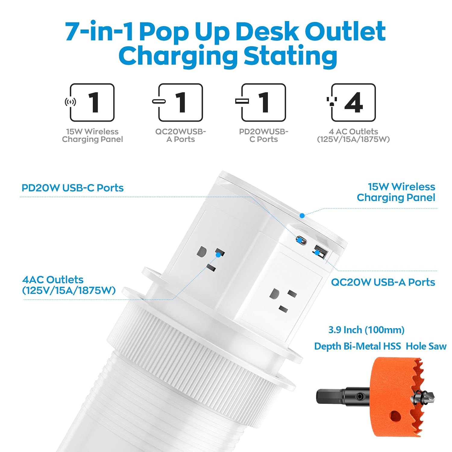 Pop Up Countertop Outlet with 15W Wireless Charger,Pop up Outlet,Max 20W USB Power Delivery,Free 3.94"（100mm） Hole Opener,Pop Up Electrical Outlet with 4 Outlets 15A, 2 USB Ports for Home Office.