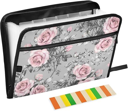 Carpeta de archivos expandible con diseño de flores de rosas rosas rosas, hojas grises, carpeta de archivo de acordeón floral, 13 bolsillos, tamaño