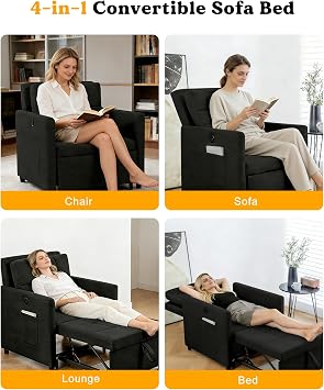 Sofa Bed Chair, 3 in 1 Convertible Sofa Bed Pull Out Single Chair Bed | Sofa Bed with Adjustable Backrest,Side Pockets, USB and Type C Charging Station, for Bedroom Living Room Apartment, Black