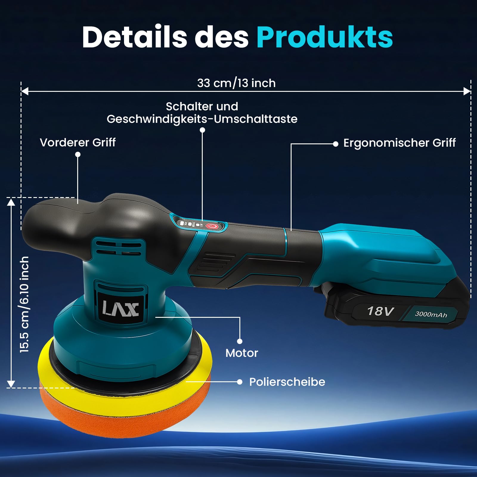 Poliermaschine Auto für Makita 18V Akku, 6 Zoll Orbital Auto Politur mit 3 Variablen Geschwindigkeiten, 2pcs Akkus Auto Polierset, für Auto Detailpflege und Kratzerentfernung