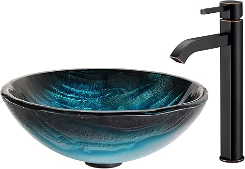 Kraus C-GV-15.709-0.748 in-1007ORB Fregadero de vidrio Ladon y grifo Ramus bronce aceitado