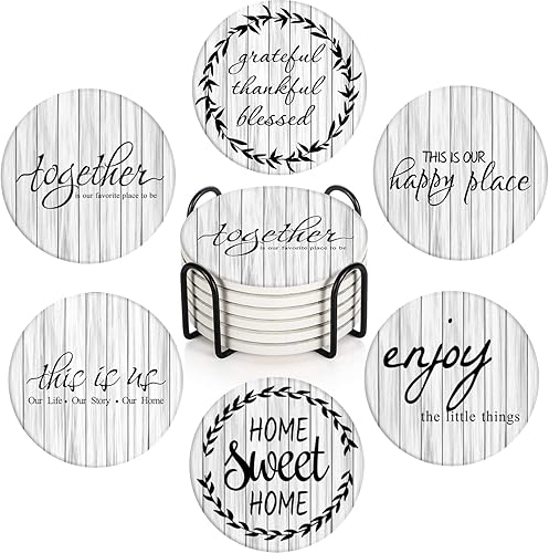 Britimes Juego de 6 posavasos para bebidas, mesa de madera vieja blanca, absorbente, redonda, cerámica, con base de corcho y soporte de metal,